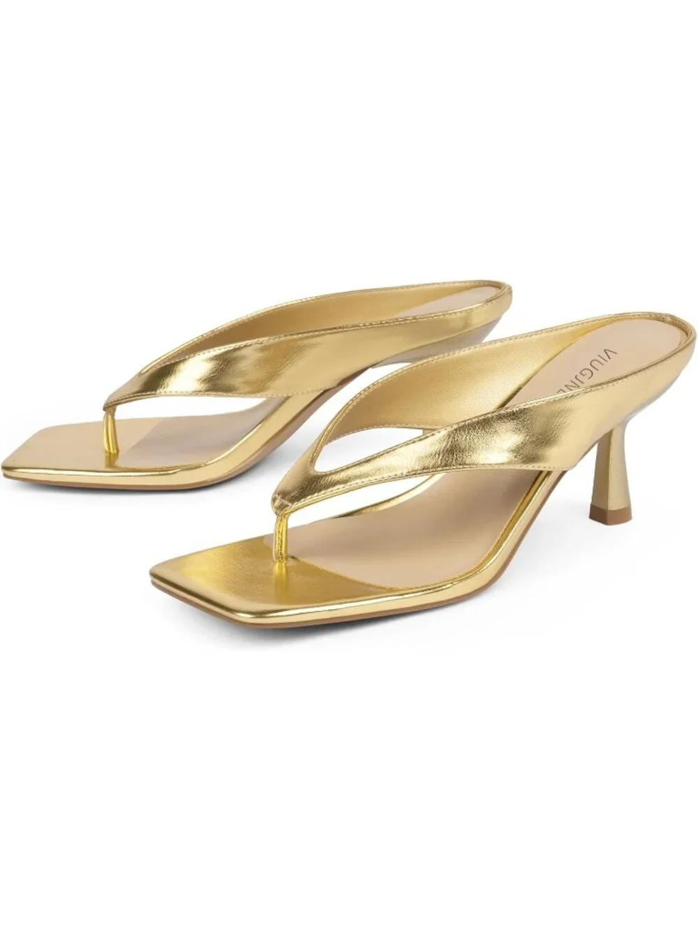 Women’s Gold Kitten Heels Flip Flop Slip On Open Toe Low Heels Thong Square Toe